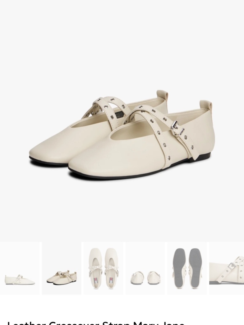 Leather Studded Buckled Crossover Strap Mary Jane Ballet Flats - Cream